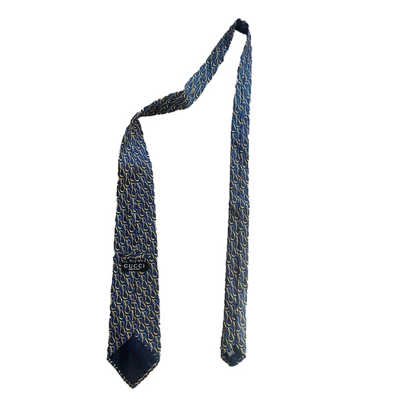 Gucci Designer Neck Tie Adult Mens Blue Gold 100% Silk Necktie Made Italy 3.5" - Picture 4 of 6